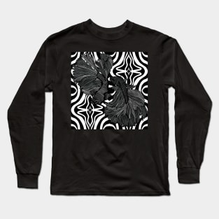 Two Betta Fish on Black and White Pattern Long Sleeve T-Shirt